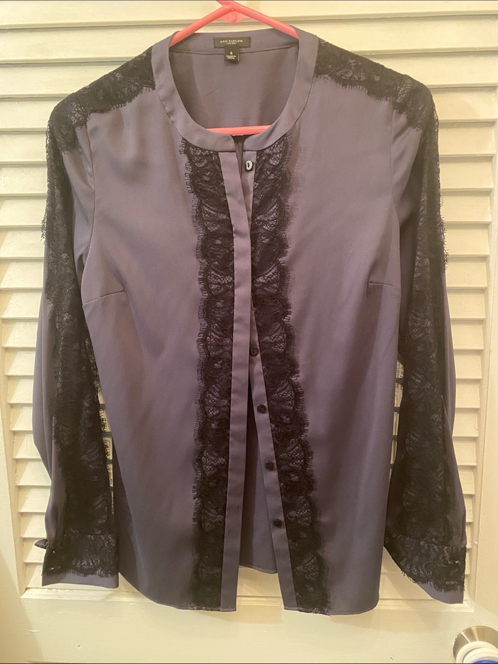 Ann Taylor Black-Trim Navy Silk Lace Blouse